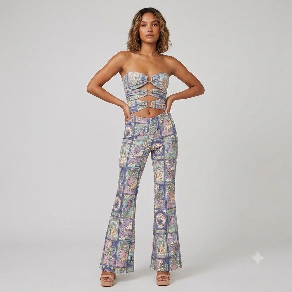 Oceanus Eden Cutout Flared Jumpsuit Purple Metallic Multi Zodiac Print Sz Medium